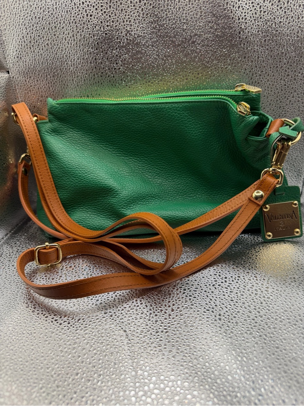 Valentina Italia Green Pebbled Leather Triple Entry Crossbody Bag - Like New
